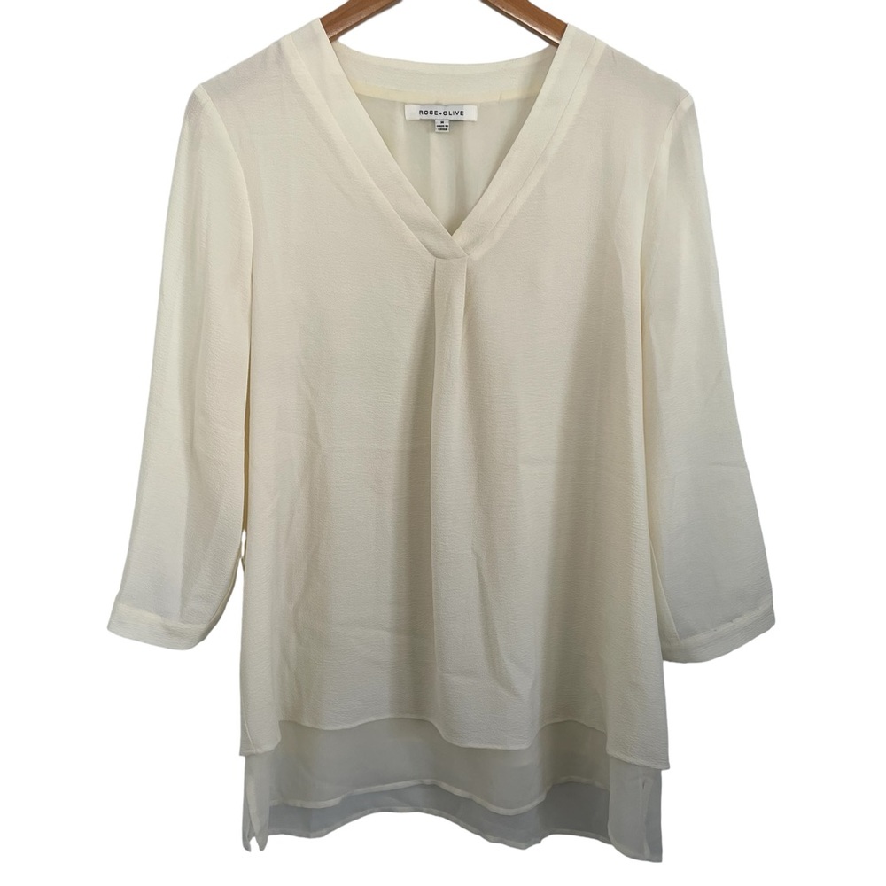 Rose & Olive Porcelain‎ Off White Crepe 3/4 Sleeve Pullover Blouse M